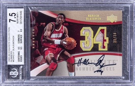 2005-06 UD "Exquisite Collection" Exquisite Number Pieces #ENHO Hakeem Olajuwon Signed Game Used Patch Card (#30/34) - BGS NM+ 7.5/BGS 9